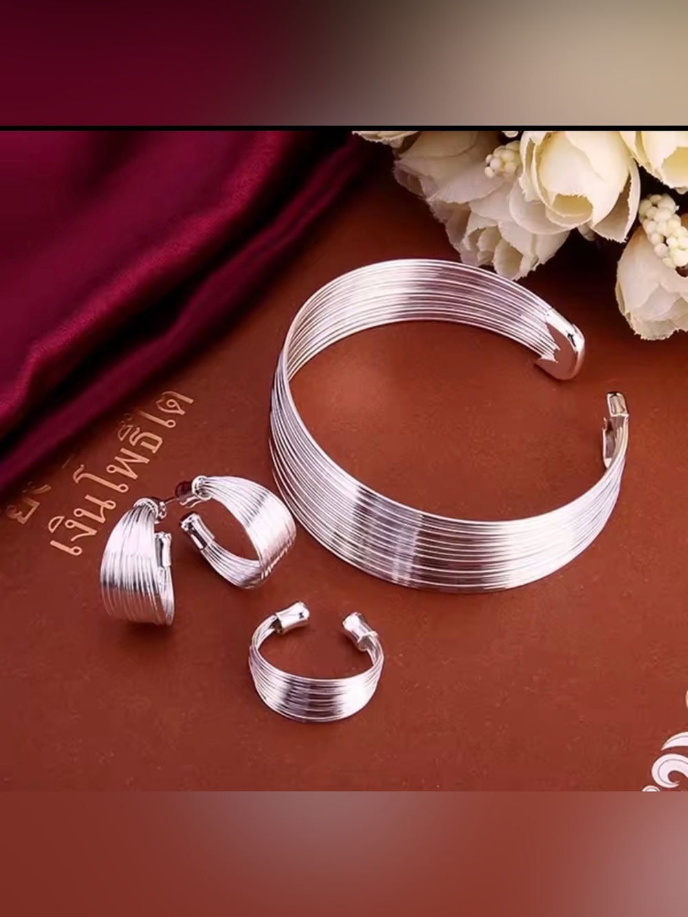 Italian Luxury Jewelry 925 Sterling Silver 3 Piece Set Bracelet Earrings Ring